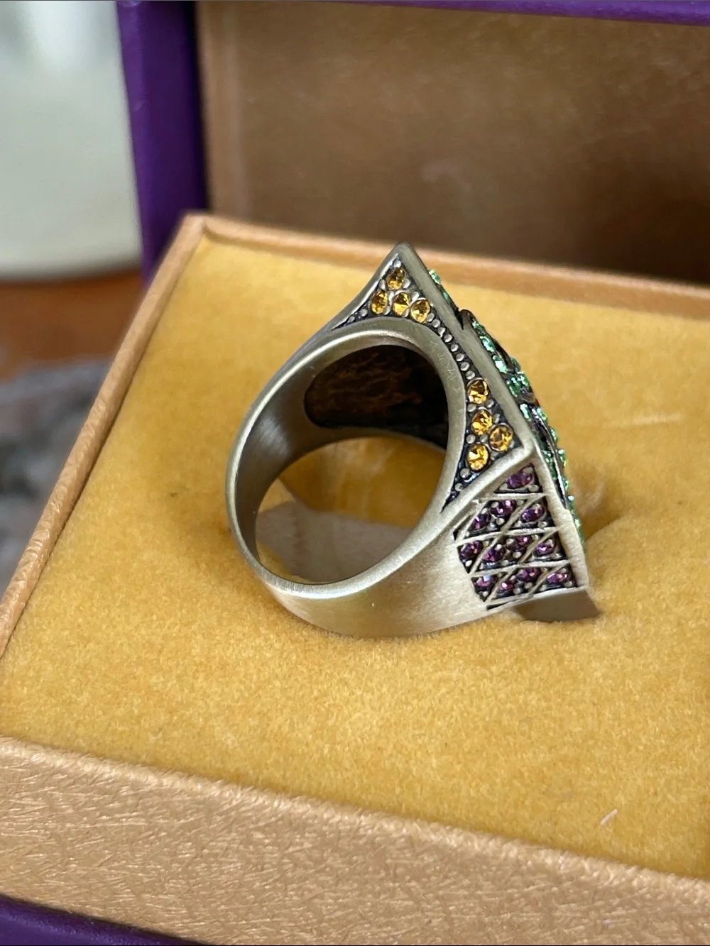 Celtic Knot Green Crystal Square Statement Ring with Amber Accent
